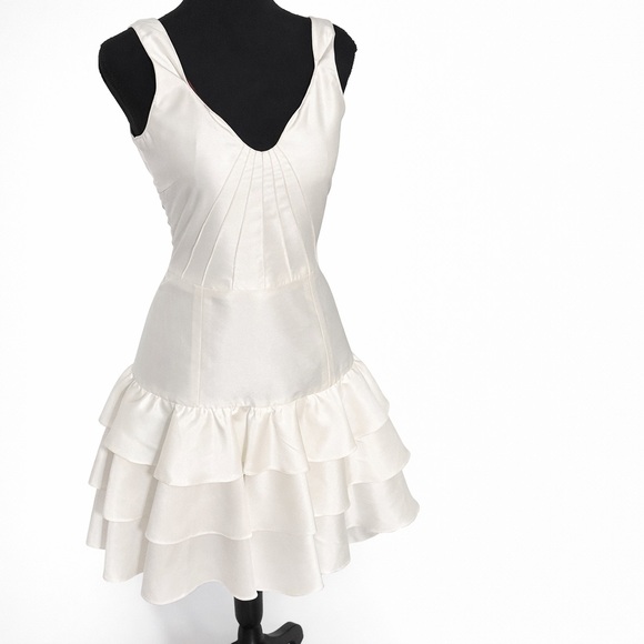 Nuj Novakhett Dresses & Skirts - Nuj Novakhett White Satin Ruffle Mini Dress SZ 4 Elegant Tiered Cocktail